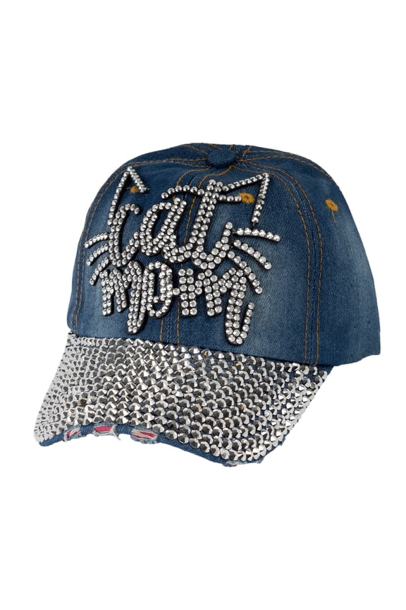 Top Headwear Cat Mom Rhinestone Distressed Denim Baseball Cap - Denim
