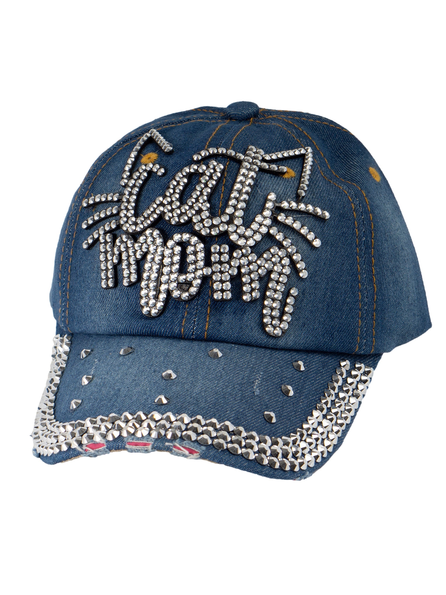 Top Headwear Cat Mom Rhinestone Hat Distressed Denim Baseball Cap Denim