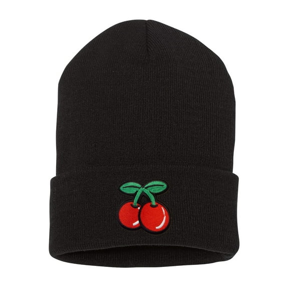 Top Headwear Cherry Beanie - Men's Womens Long Winter Cuff Cherries Beanie Cap, Black