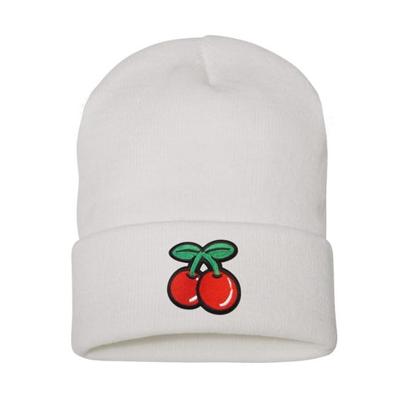 Top Headwear Cherry Beanie - Men's Womens Long Winter Cuff Cherries Beanie Cap, White