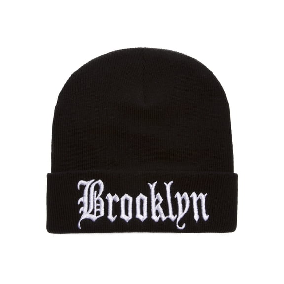 Top Headwear Cities Old English Beanie - Custom Embroidered Long Cuff Black Beanie Cap Brooklyn