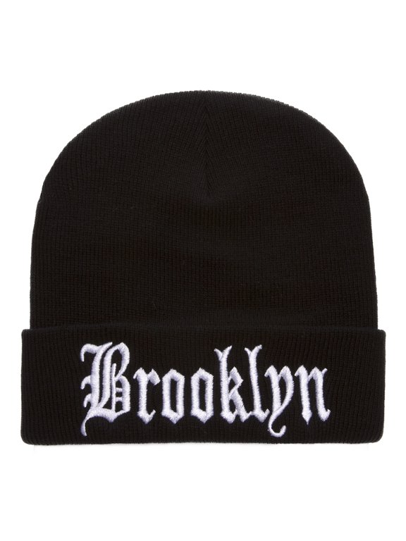 Top Headwear Cities Old English Beanie - Custom Embroidered Long Cuff Black Beanie Cap Brooklyn