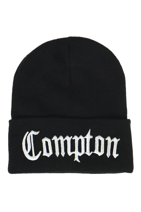 Top Headwear Cities Old English Beanie - Custom Embroidered Long Cuff Black Beanie Cap Compton