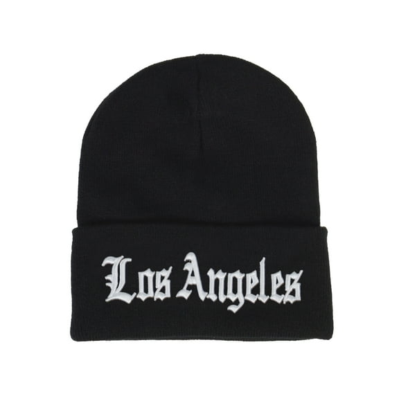 Top Headwear Cities Old English Beanie - Custom Embroidered Long Cuff Black Beanie Cap Los Angeles