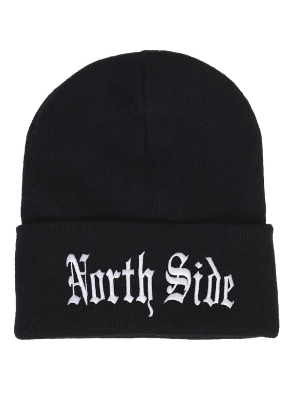 Top Headwear Cities Old English Beanie - Custom Embroidered Long Cuff Black Beanie Cap North Side