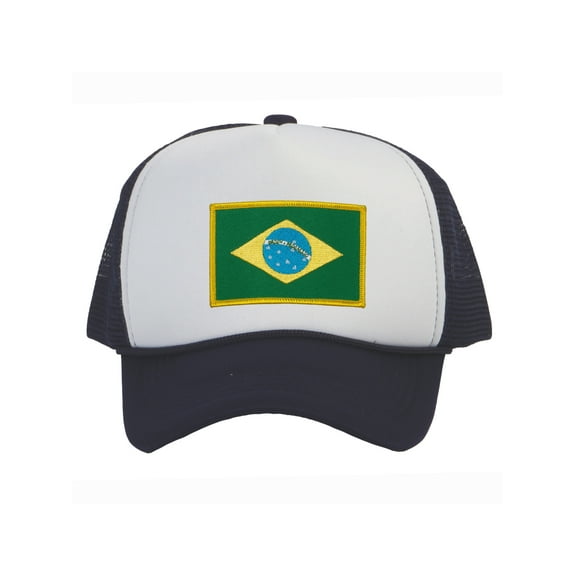 Top Headwear Country Brazil Flag Hat - Brazilian Patriotic Trucker Cap White/Navy