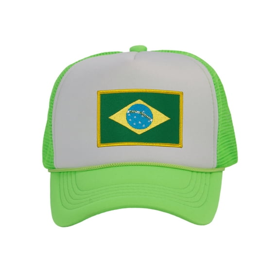 Top Headwear Country Brazil Flag Hat - Brazilian Patriotic Trucker Cap White/Neon Green
