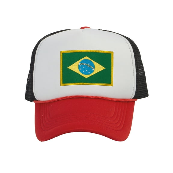 Top Headwear Country Brazil Flag Hat - Brazilian Patriotic Trucker Cap White/Red/Black