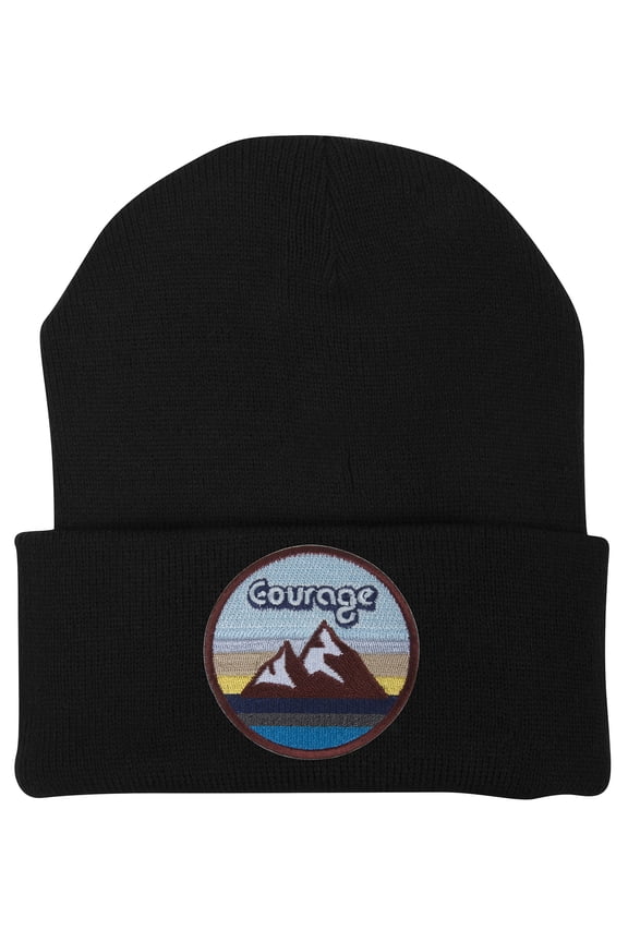 Top Headwear Courage With Mountains Patch Cuffed Beanie - Black