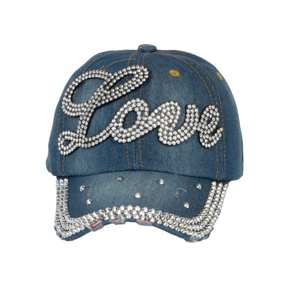Top Headwear Cursive Love Stoned Distressed Denim Fashion Baseball Cap - Dark Denim