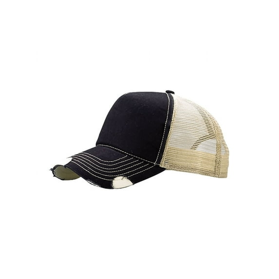 Top Headwear Distressed Cotton Twill/Mesh Trucker Hat - Black/Khaki