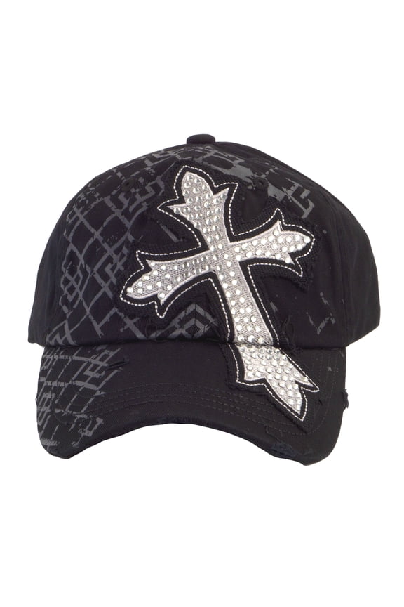 Top Headwear Distressed Studded Rhinestones Cross Adjustable Baseball Cap, Black
