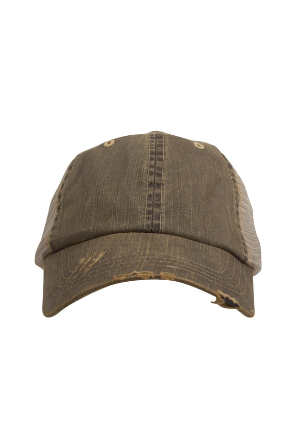 Top Headwear Distressed Wash Herringbone Trucker Hat, Coffee