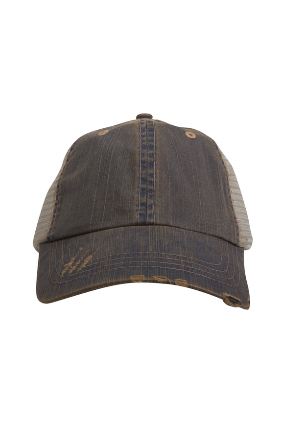Top Headwear Distressed  Wash Herringbone Trucker Hat, Navy