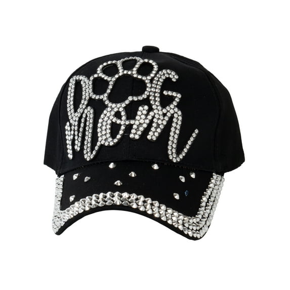 Top Headwear Dog Mom Paw Rhinestone Distressed Denim Baseball Cap - Black