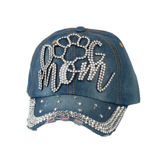 Top Headwear Dog Mom Paw Rhinestone Distressed Denim Baseball Cap - Denim
