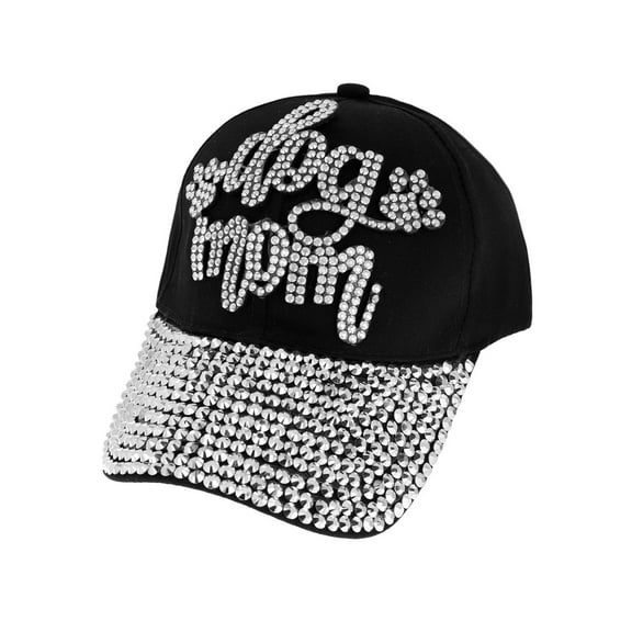 Top Headwear Dog Mom Paw Rhinestone Distressed Denim Baseball Hat- Black