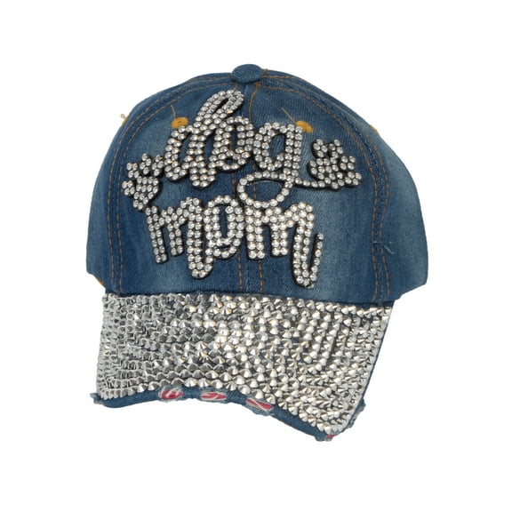 Top Headwear Dog Mom Paw Rhinestone Distressed Denim Baseball Hat - Denim
