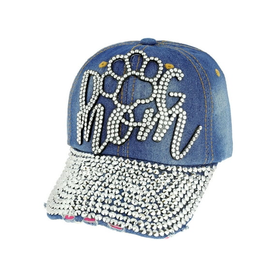 Top Headwear Dog Mom Paw Rhinestone Distressed Hat Denim Baseball Cap - Denim