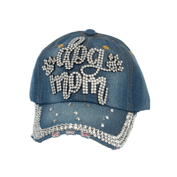 Top Headwear Dog Mom Paw Rhinestone Hat Distressed Denim Baseball Cap - Denim