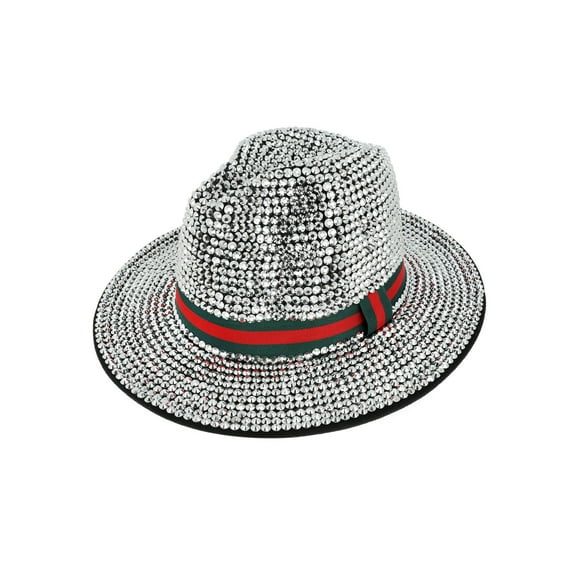 Top Headwear Fashion Bling Rhinestone Studded Wide Brim Stripe Fedora Panama Hat - Black/Silver