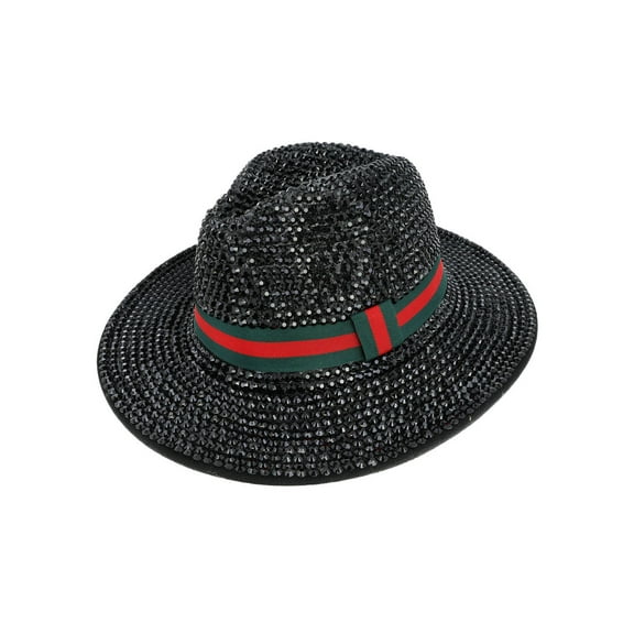 Top Headwear Fashion Bling Rhinestone Studded Wide Brim Stripe Fedora Panama Hat  - Black