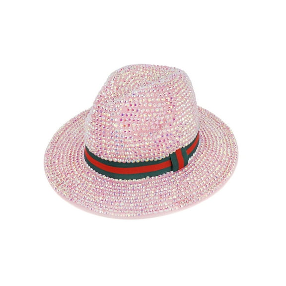 Top Headwear Fashion Bling Rhinestone Studded Wide Brim Stripe Fedora Panama Hat  - Pink
