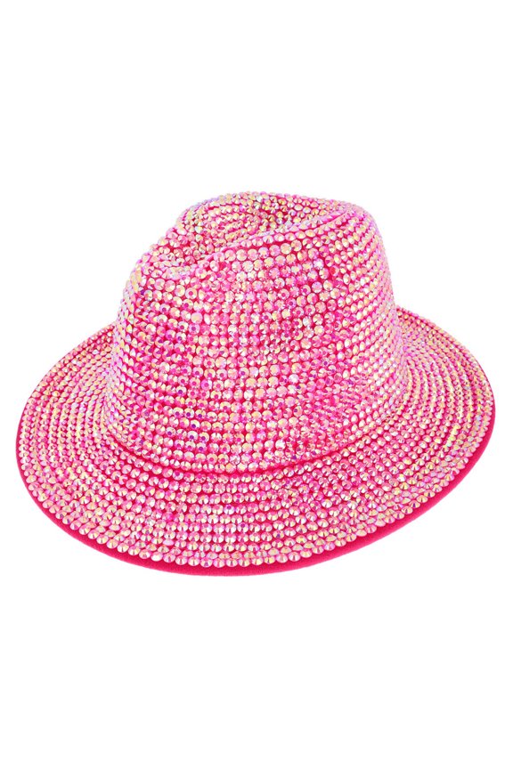 Top Headwear Fashion Bling Rhinestone Studded Wide Brim Womens Fedora Panama Hat - Fuchsia