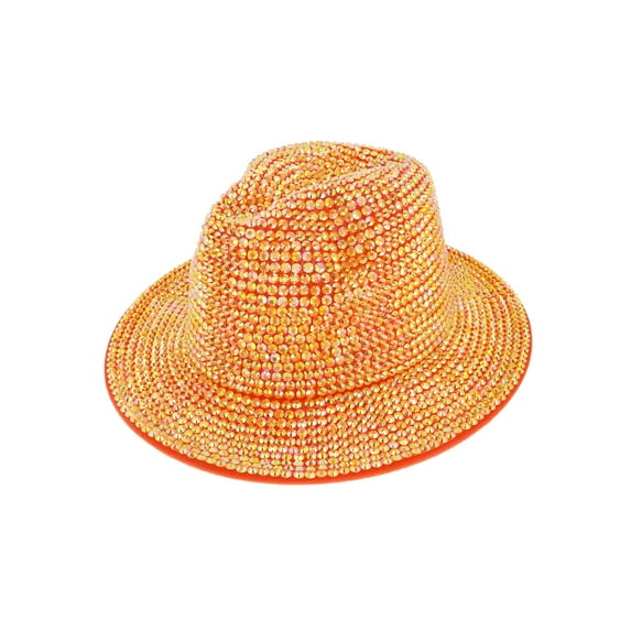 Top Headwear Fashion Bling Rhinestone Studded Wide Brim Womens Fedora Panama Hat - Orange