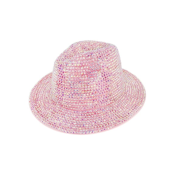 Top Headwear Fashion Bling Rhinestone Studded Wide Brim Womens  Fedora Panama Hat - Pink