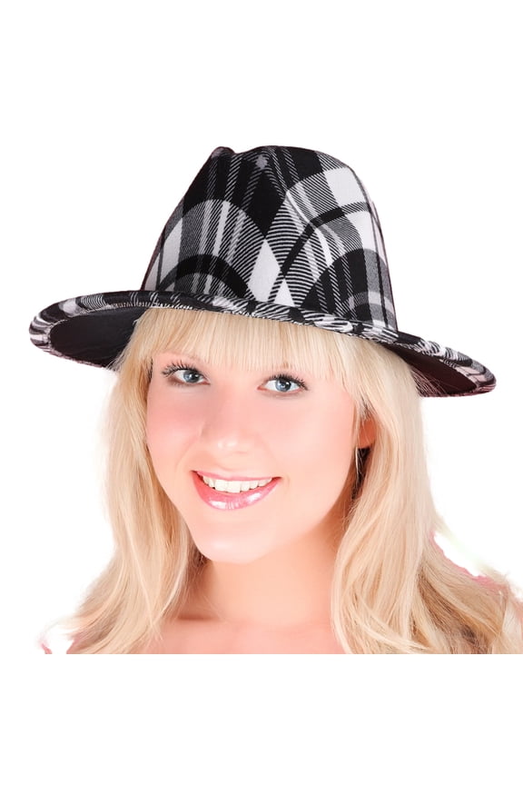 Top Headwear Fashion Felt Tartan Print Fedora Panama Hat - Black/White
