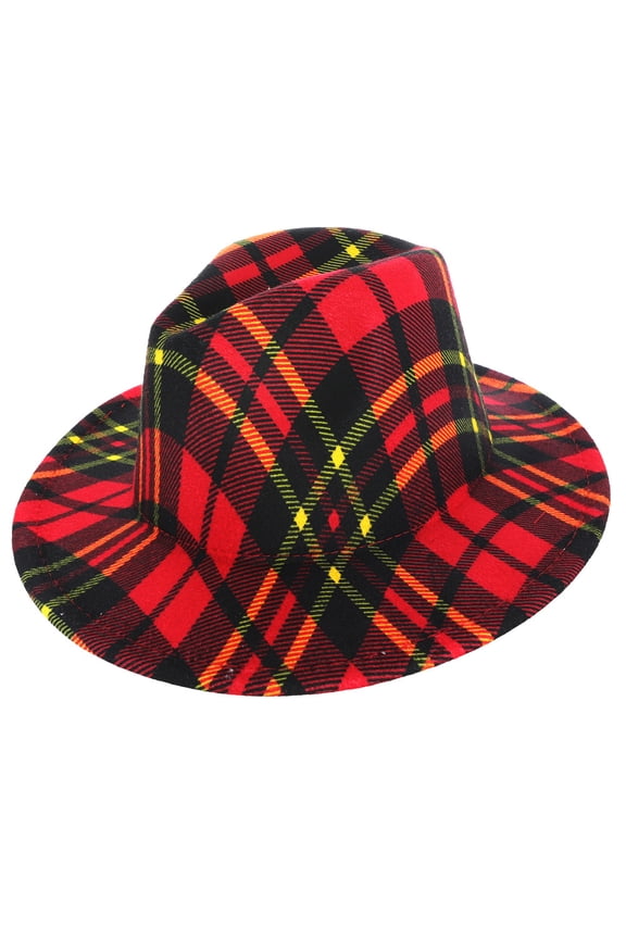Top Headwear Fashion Felt Tartan Print Fedora Panama Hat - Red