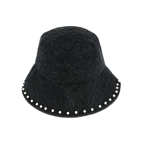 Top Headwear Fashion Floral Lace Pearl Bucket Hat - Black