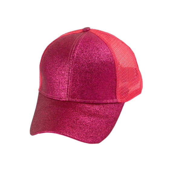 Top Headwear Fashion Glitter Mesh High Bun Ponytail Trucker Hat - Fuchsia
