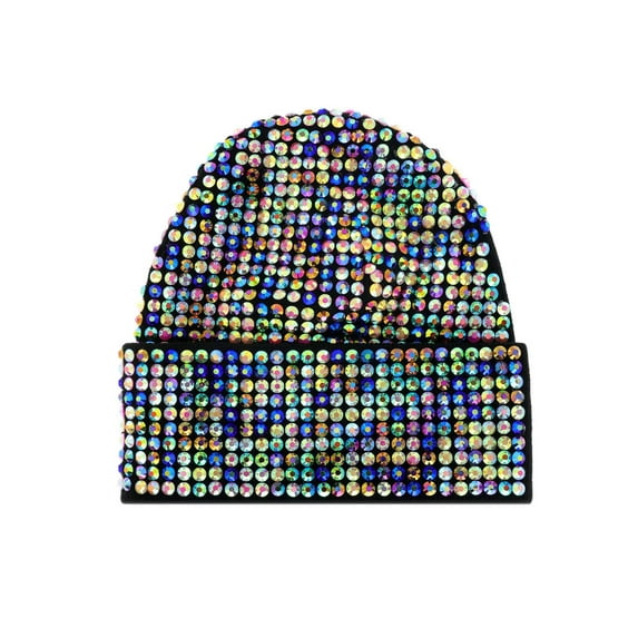 Top Headwear Fashion Half Rhinestone Cuffed Beanie - Black/Multicolor