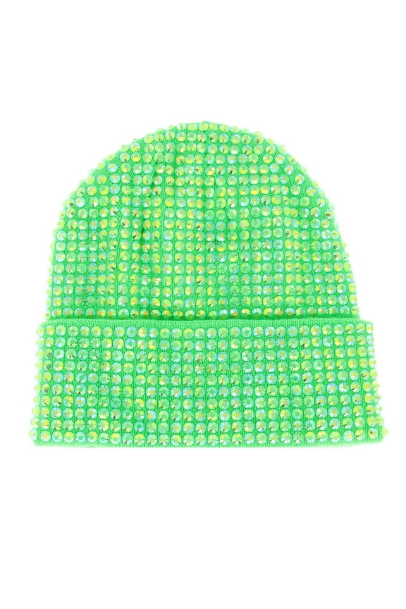 Top Headwear Fashion Half Rhinestone Cuffed Beanie - Lime Green