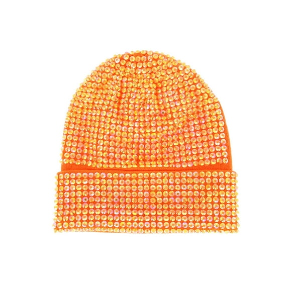 Top Headwear Fashion Half Rhinestone Cuffed Beanie - Orange