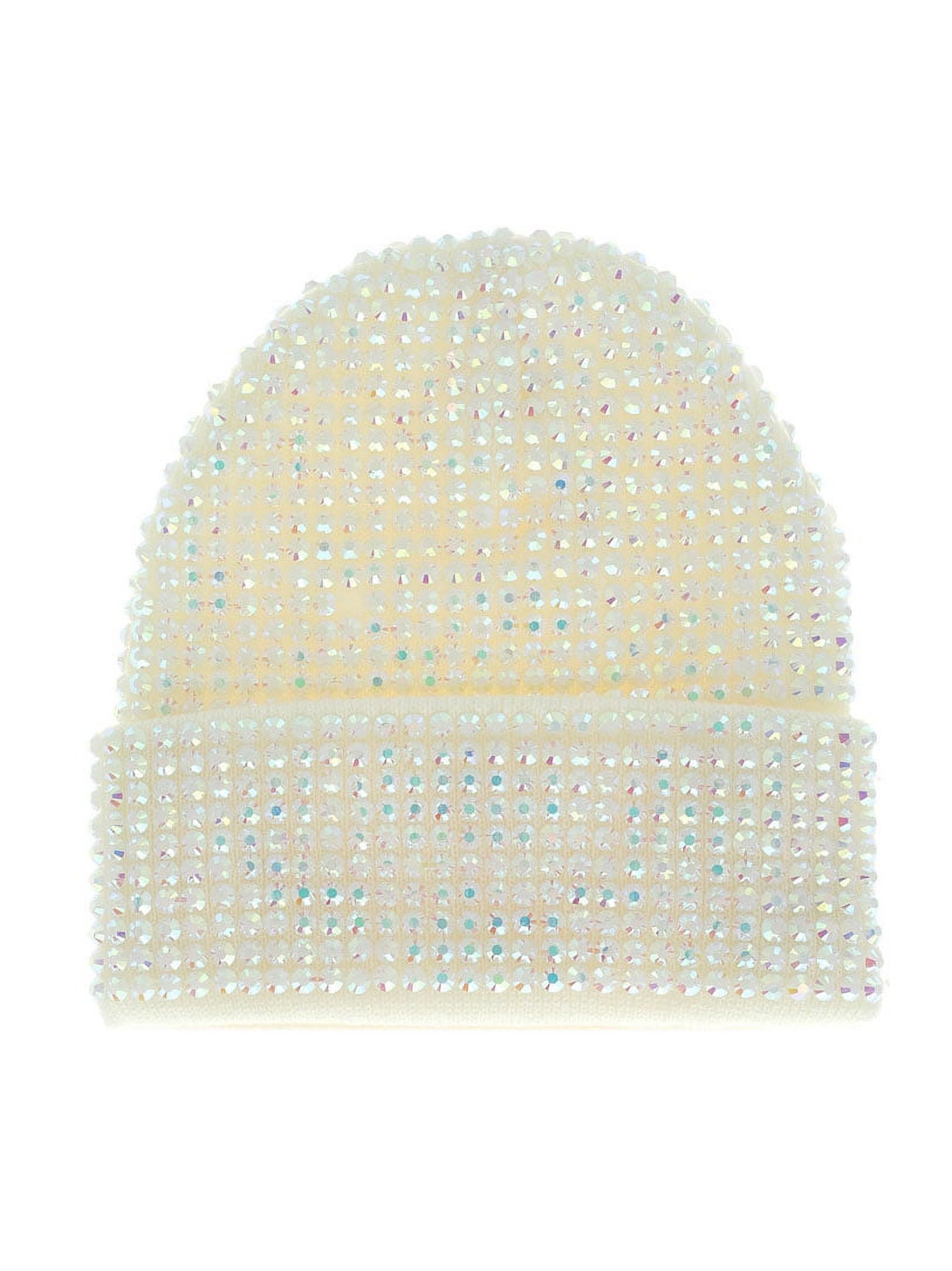 Top Headwear Fashion Half Rhinestone Cuffed Beanie - White 