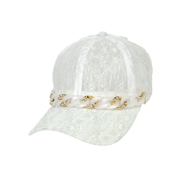 Top Headwear Fashion Lace Acrylic Metal Cuban Link Baseball Cap - White