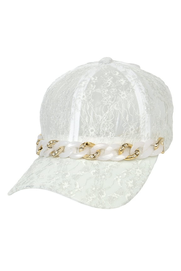 Top Headwear Fashion Lace Acrylic Metal Cuban Link Baseball Cap - White