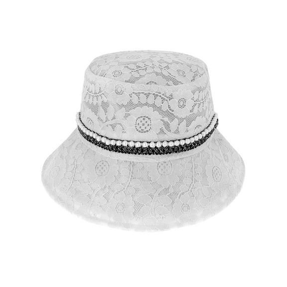 Top Headwear Fashion Lace Pearl Bucket Hat - White