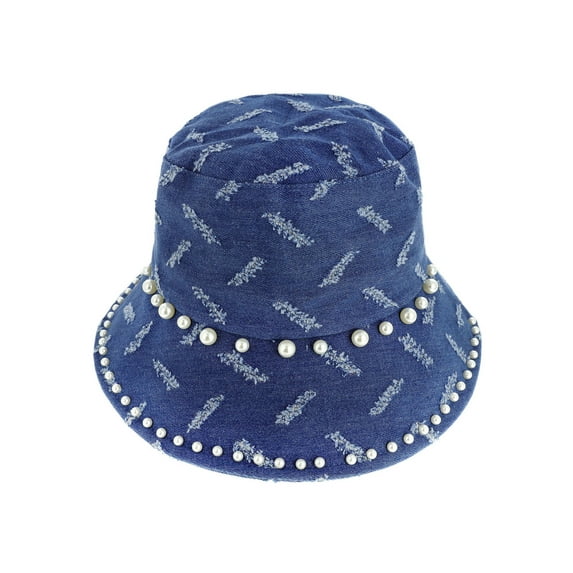 Top Headwear Fashion Vintage Pearl Jean Denim Bucket Hat - Dark Denim