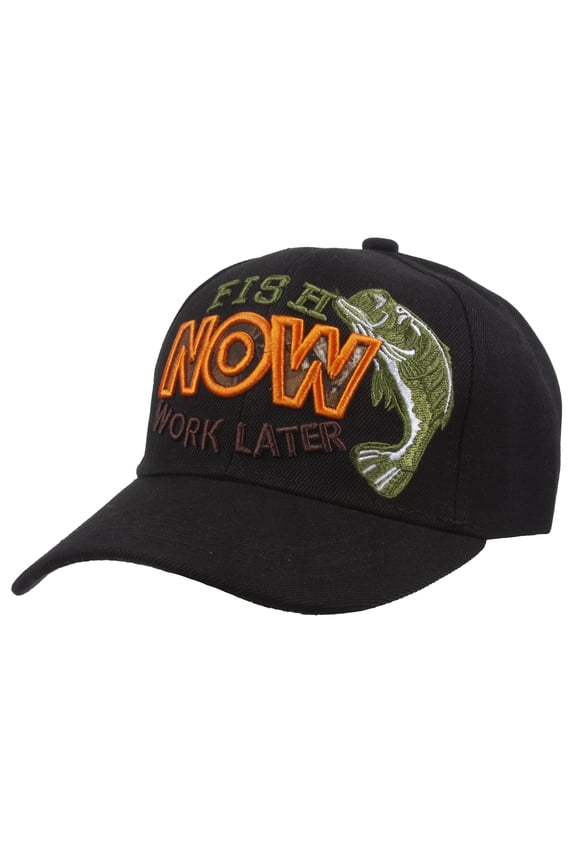 Top Headwear Fisherman Fish Now Work Later Baseball Cap - Black