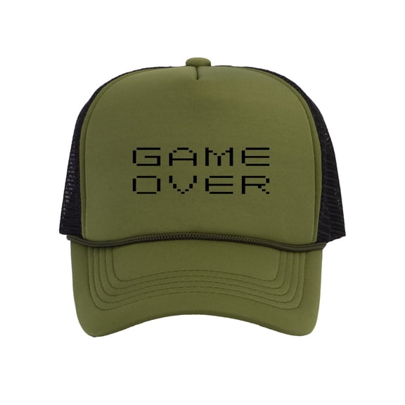 Top Headwear Game Over Trucker Hat - Men's Women's Gamer Bachelor Party Idea Gift Olive/Black