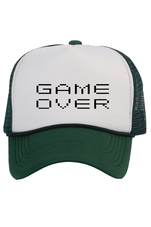 Top Headwear Game Over Trucker Hat - Men's Women's Gamer Bachelor Party Idea Gift White/Forest Green