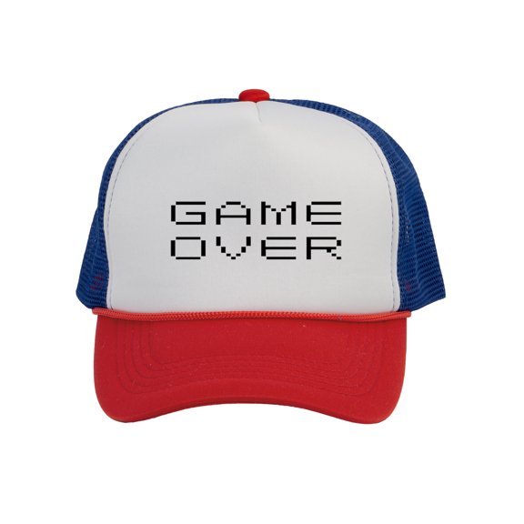 Top Headwear Game Over Trucker Hat - Men's Women's Gamer Bachelor Party Idea Gift White/Royal/Red