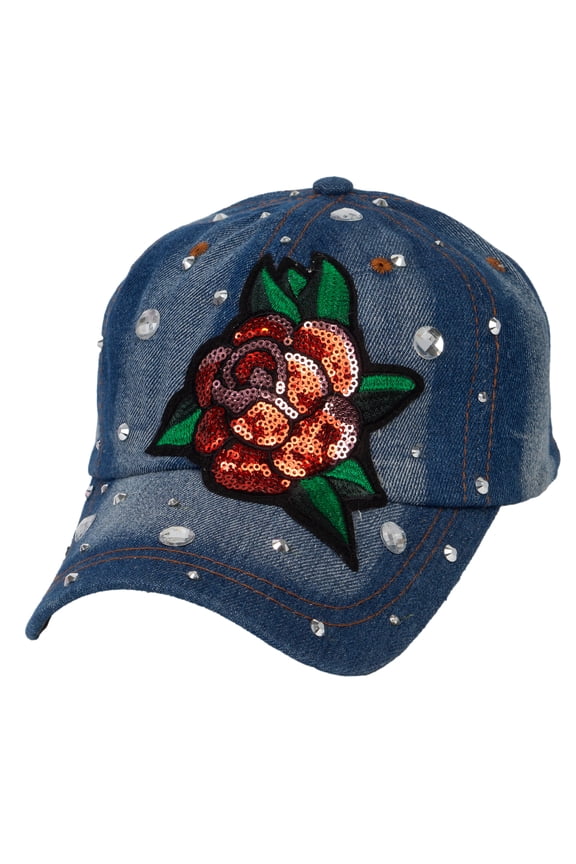 Top Headwear Glitter Rose Patch Denim Baseball Cap