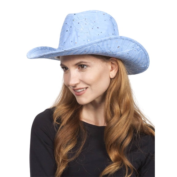Top Headwear Glitter Sequin Trim Cowboy Hat, Sky Blue