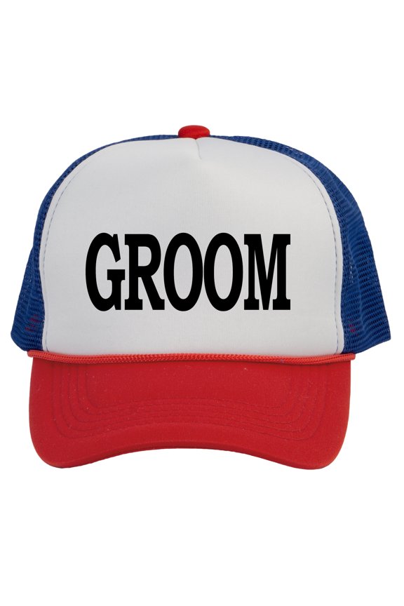 Top Headwear Groom Hat - Bachelor Party Trucker Hat White/Royal/Red