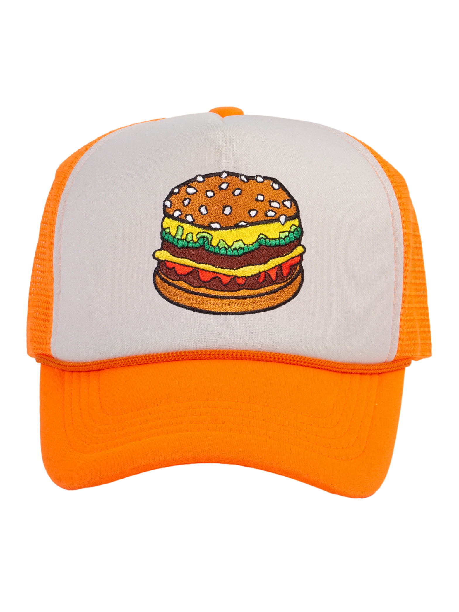 Top Headwear Hamburger Cheeseburger Trucker Hat - Men's Snapback Burger  Food Cap White/Neon Orange